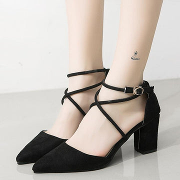 Straps Cross Ankle Wrap Pointed Toe Chunky Heels