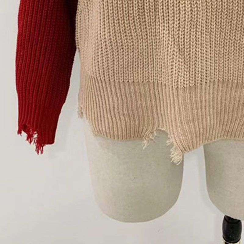 Distressed Turtleneck Colorblock Ribbed Sweater