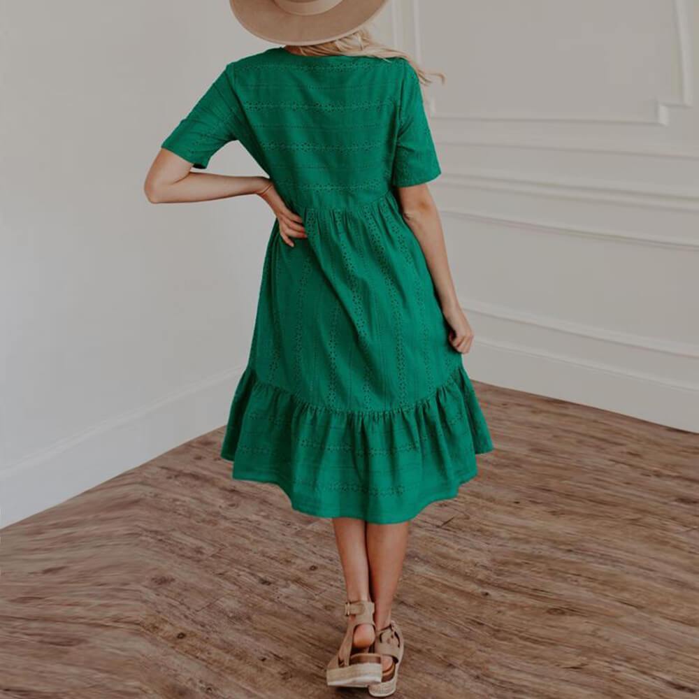 Short Sleeve Eyelet Midi Green Dress