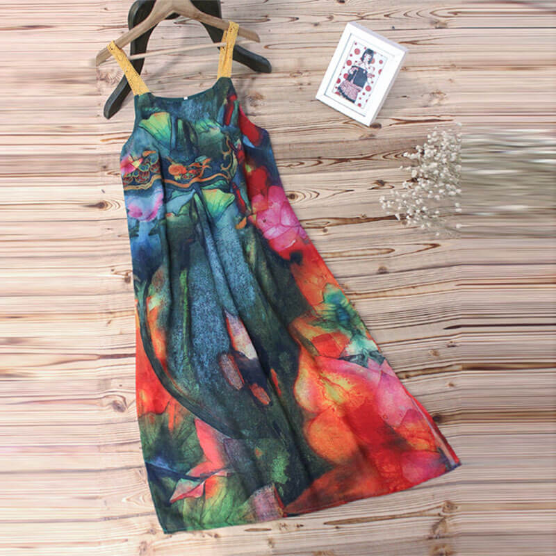 Summer Strap Printed Long Chiffon Dress