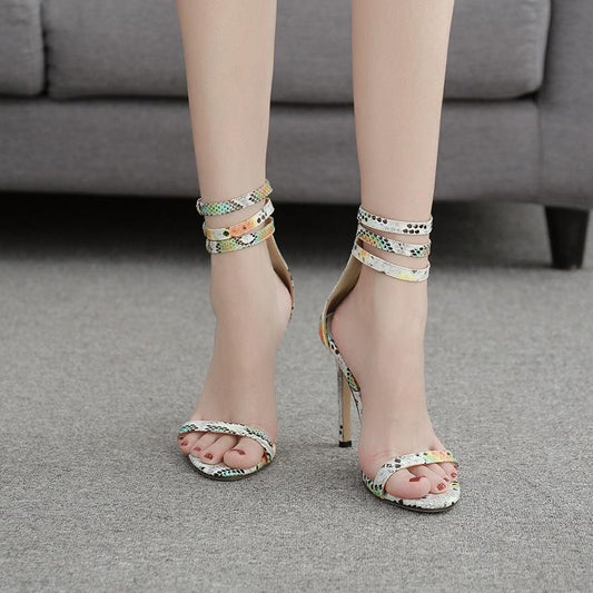 Women's sandals with thin colored snake pattern and high heels