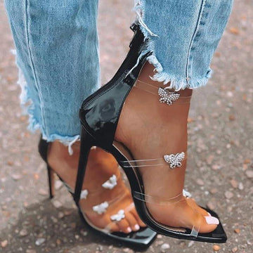 Diamond Butterfly transparent thin high heel square sandals