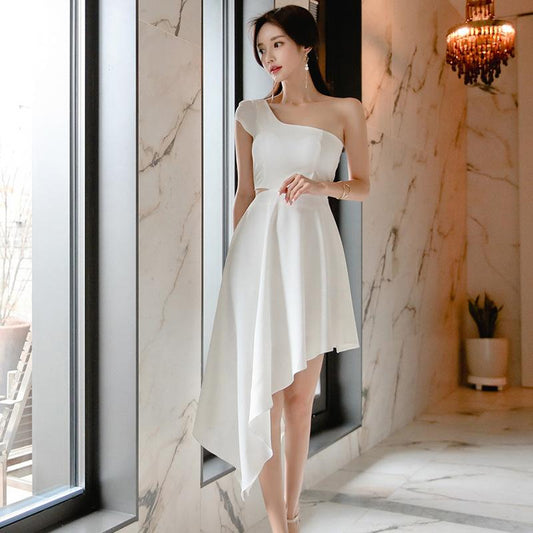 Fashion Off-Waist Oblique Shoulder Bridesmaid Irregular Hem Dress