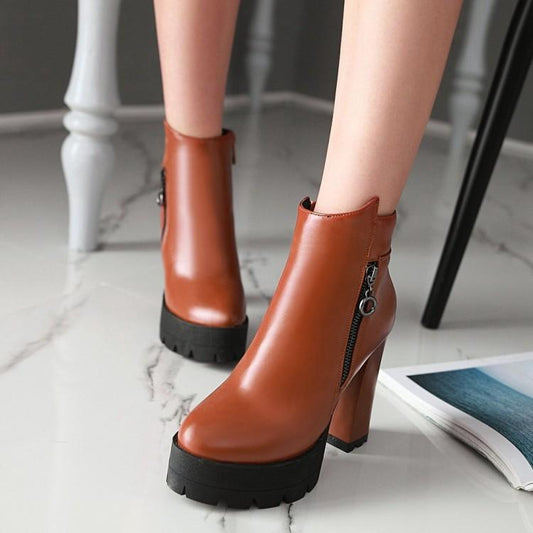 PU Pure Color Chunky Heel Round Toe Zipper High Heels