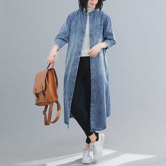 Short Sleeve Small Stand Collar Loose Casual Denim Dress
