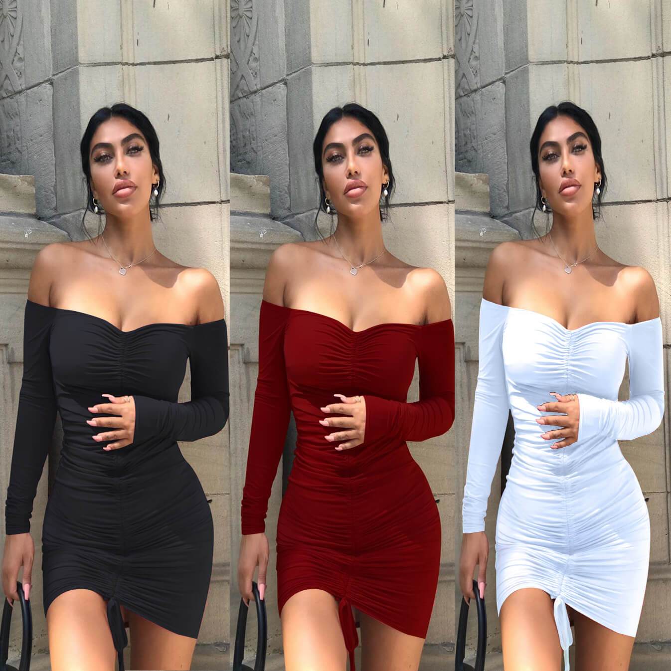 Sexy Off Shoulder Short Pure Color Drawstring fold Long Sleeve Bodycon Dress