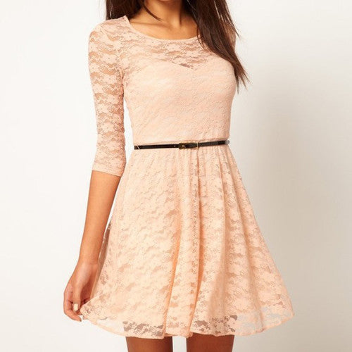 3/4 Sleeve Lace Dress With Belt