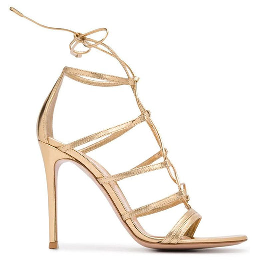 Gold Pu Thin High Heel Front Lace Up Open Toe Sandals