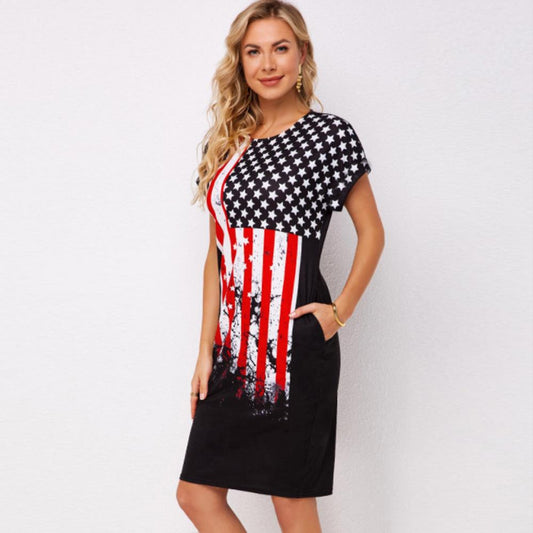 Independence Day knitted American flag print short sleeve mid length Dress