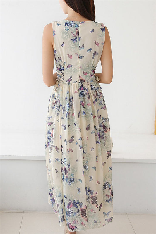 Beautiful Scoop Sleeveless Butterfly Print Long Pleated Chiffon Beach Dress