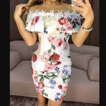 Off Shoulder  Backless Flower Print Knee-length Dress