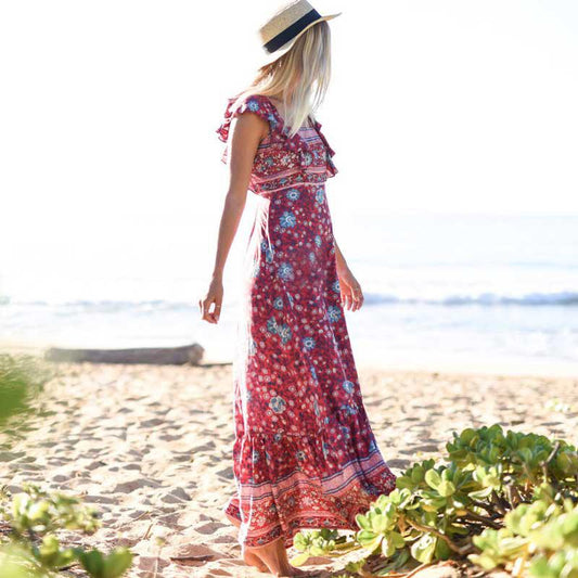 Printed Halter Back Beach Long Dress