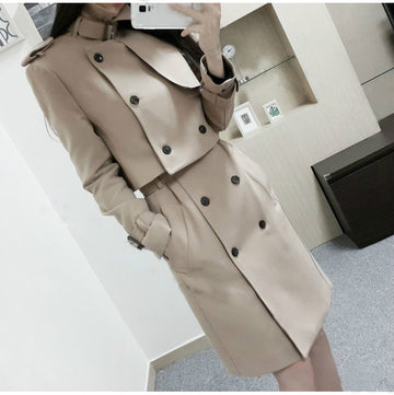 Stand Collar Double Breasted Hasp Slim Long Two Pieces Coat