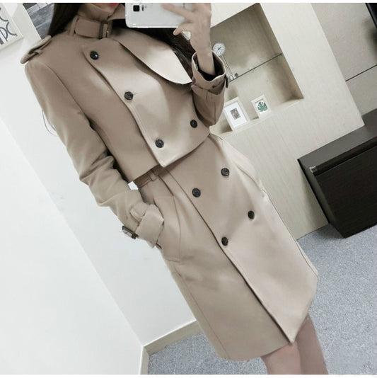 Stand Collar Double Breasted Hasp Slim Long Two Pieces Coat