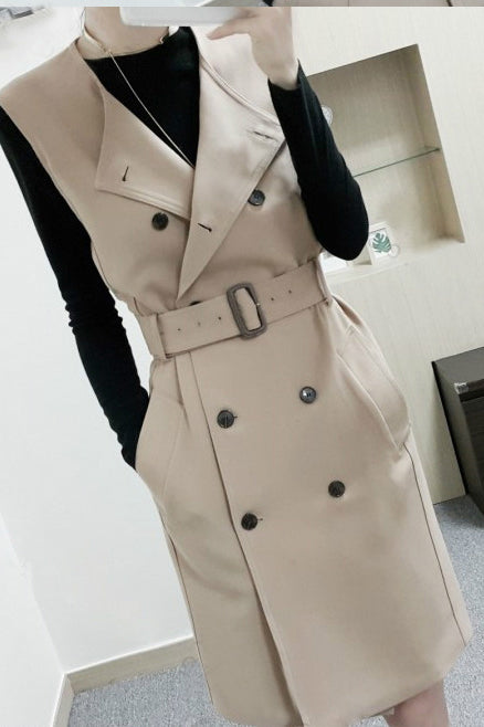 Stand Collar Double Breasted Hasp Slim Long Two Pieces Coat