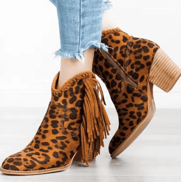 Leopard Print High Heel Fringe Suede Ankle Boots