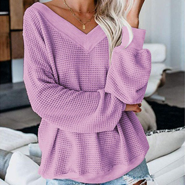 V Neck Lantern Sleeve Pullover Sweater