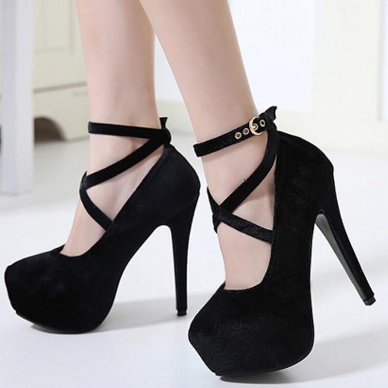 Platform Round Toe Straps Cross Ankle Wrap Stiletto High Heels