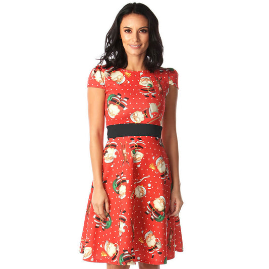 Christmas Print Empire Waist Cap Sleeve Dress