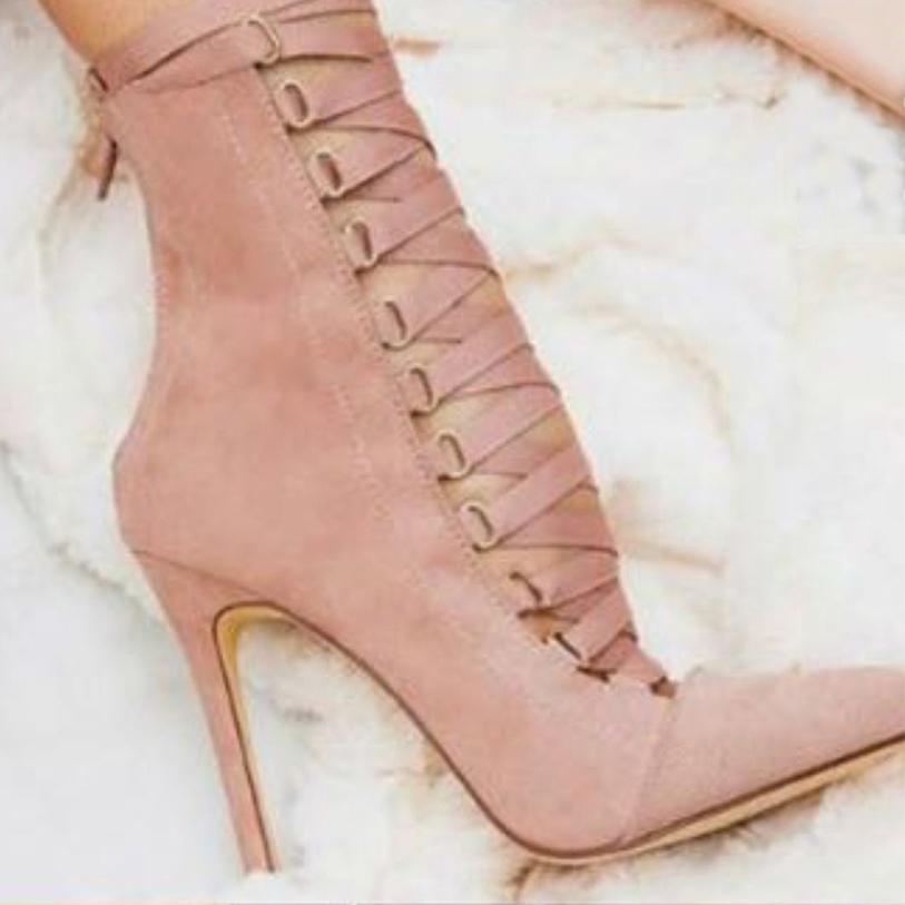 Stiletto Heel Suede Pointed Toe Straps Lace Up Zipper High Heels