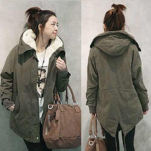 Hooded Long Sleeves Slim Drawstring Thick Cotton Coat
