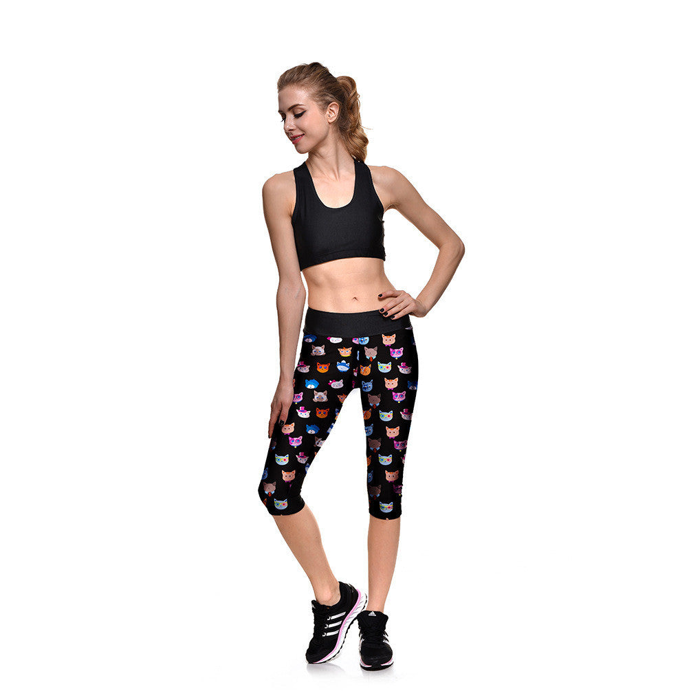 Pencil Skinny Cats Flower Print Skinny 3/4 Yoga Sport Leggings