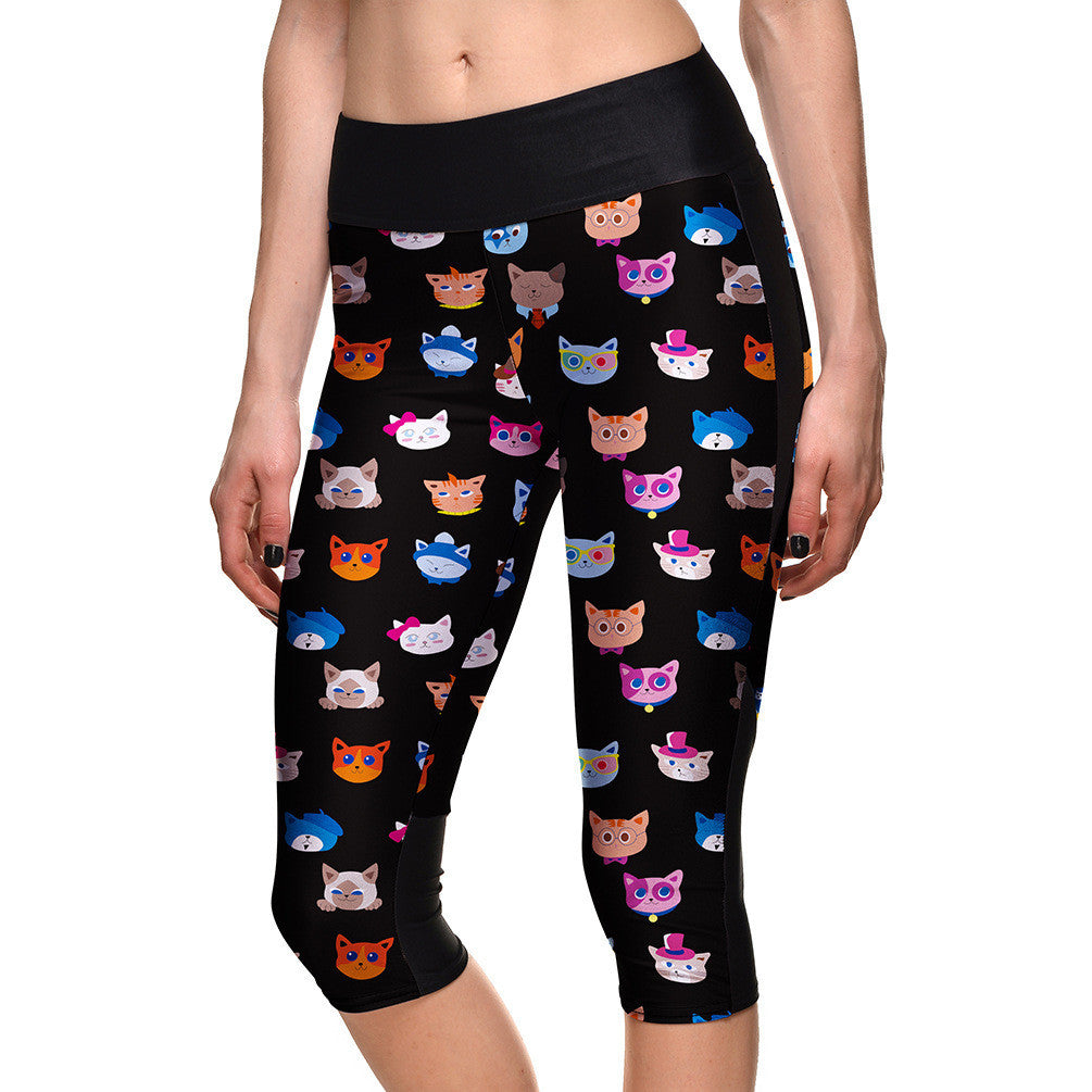 Pencil Skinny Cats Flower Print Skinny 3/4 Yoga Sport Leggings