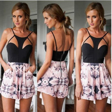 Flower Print Spaghetti Strap Patchwork Backless Sexy Jumpsuits - Meet Yours Fashion - 1