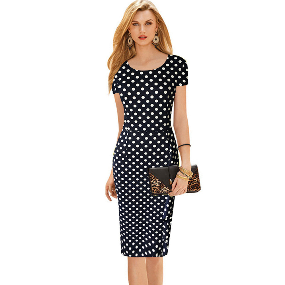 Slim Print Dots O-neck Short Sleeve Knee-length Dress - May Your Fashion - 5