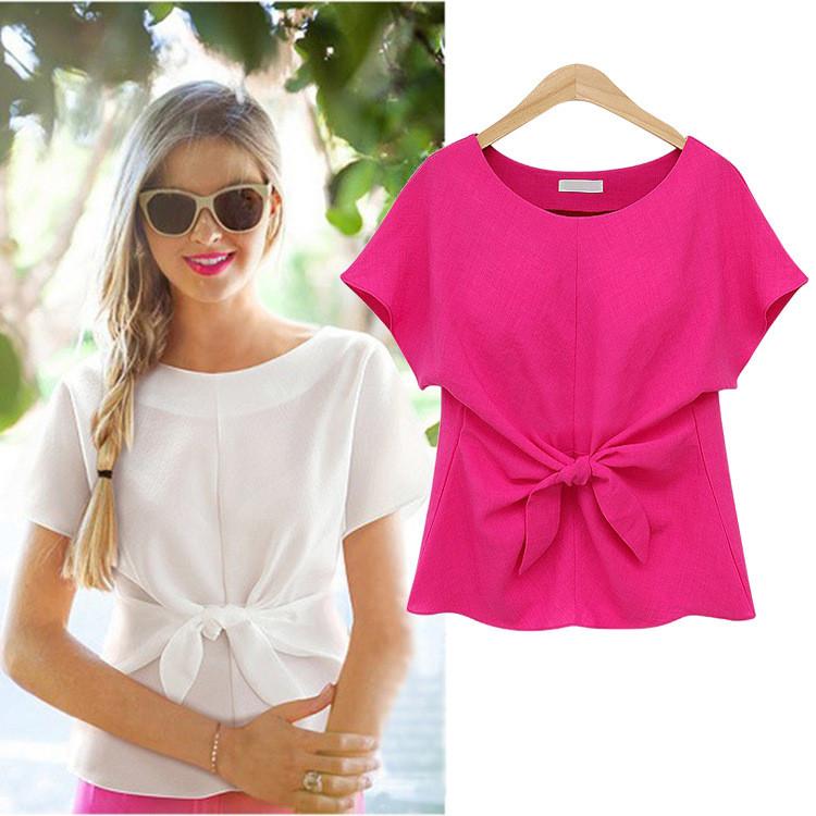 Bowknot Short sleeves Scoop Slim Chiffon Blouse - Meet Yours Fashion - 1