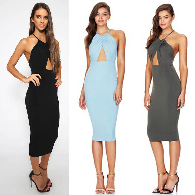 Halter Hollow Out Backless Bodycon Cross Wrap Knee-length Dress