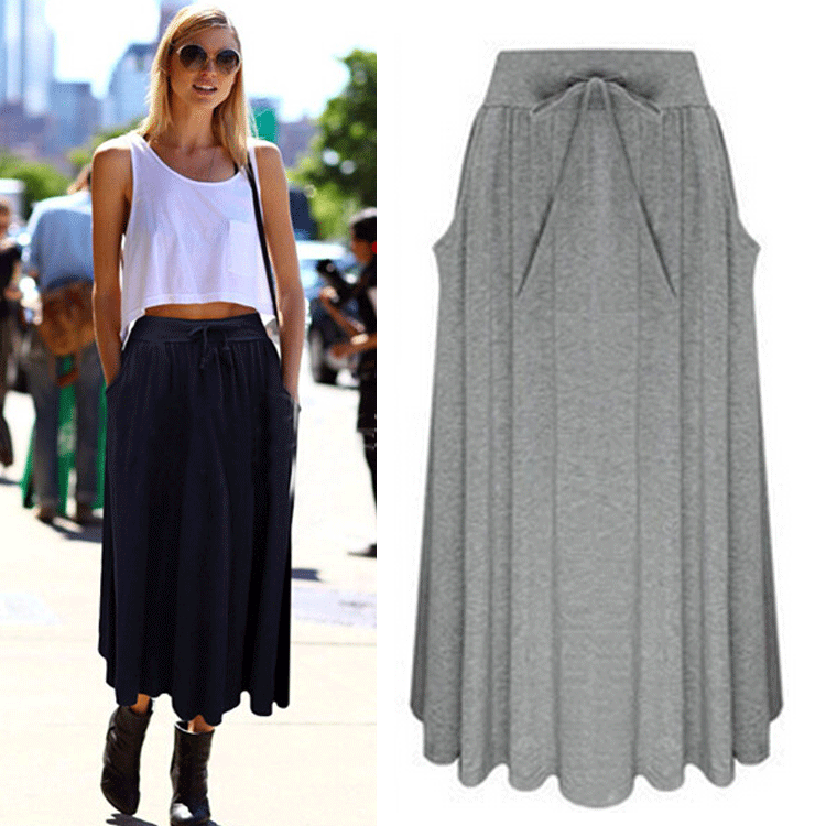 Bowknot Solid Side Pockets Pleated Long Skirt - May Your Fashion - 2