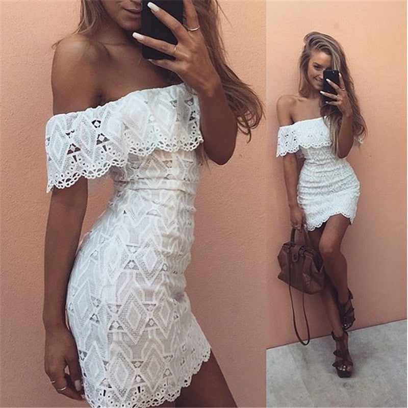 Off Shoulder Lace Hollow Sexy Short Dress - May Your Fashion - 1
