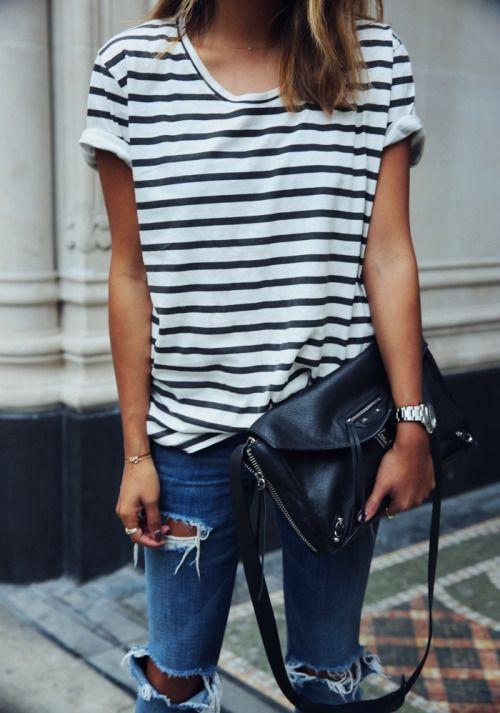 Striped Scoop Short Sleeves Casual Loose T-shirt - Meet Yours Fashion - 1
