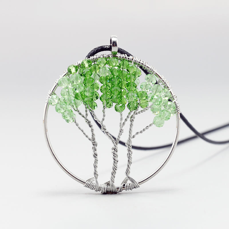 Green Crystal Tree of Life DIY Leather Chain Gravel Pendant Necklace