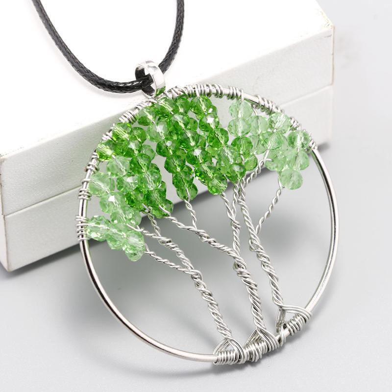 Green Crystal Tree of Life DIY Leather Chain Gravel Pendant Necklace