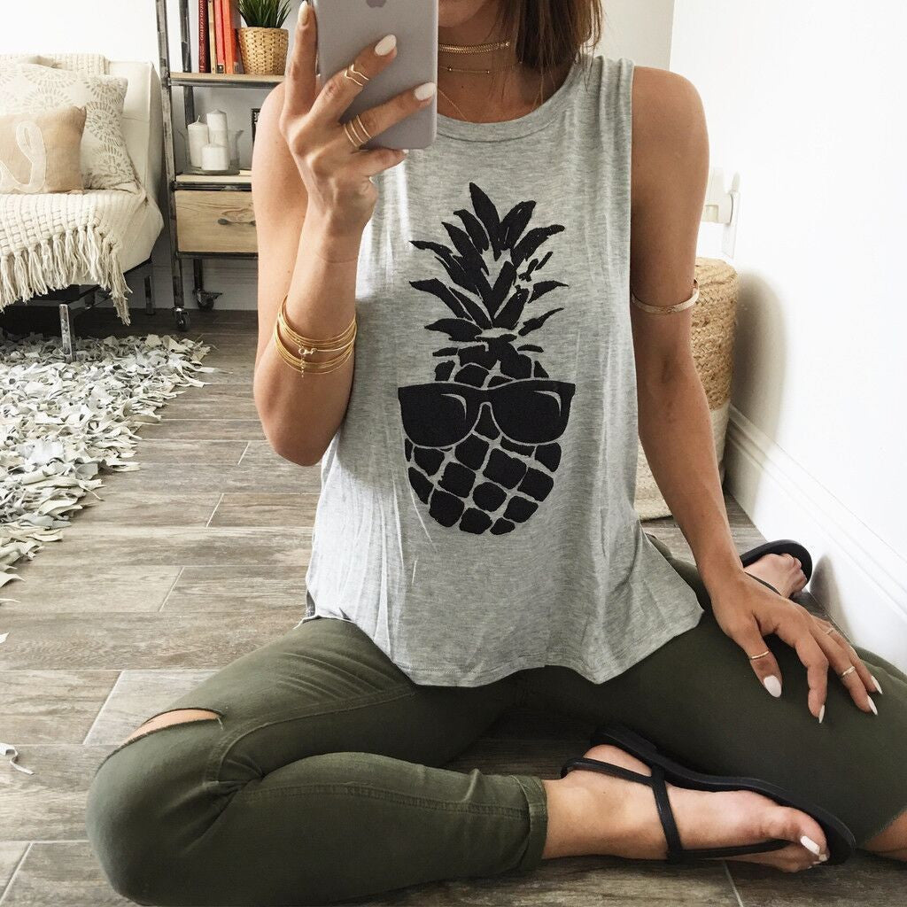 Scoop Sleeveless Pineapple Print Split Casual Vests - May Your Fashion - 2