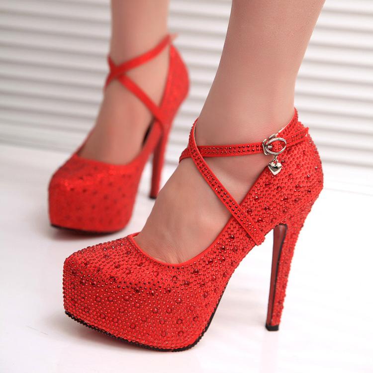 Crystal Ankle Wrap Round Toe Stiletto High Heels Bridal Shoes