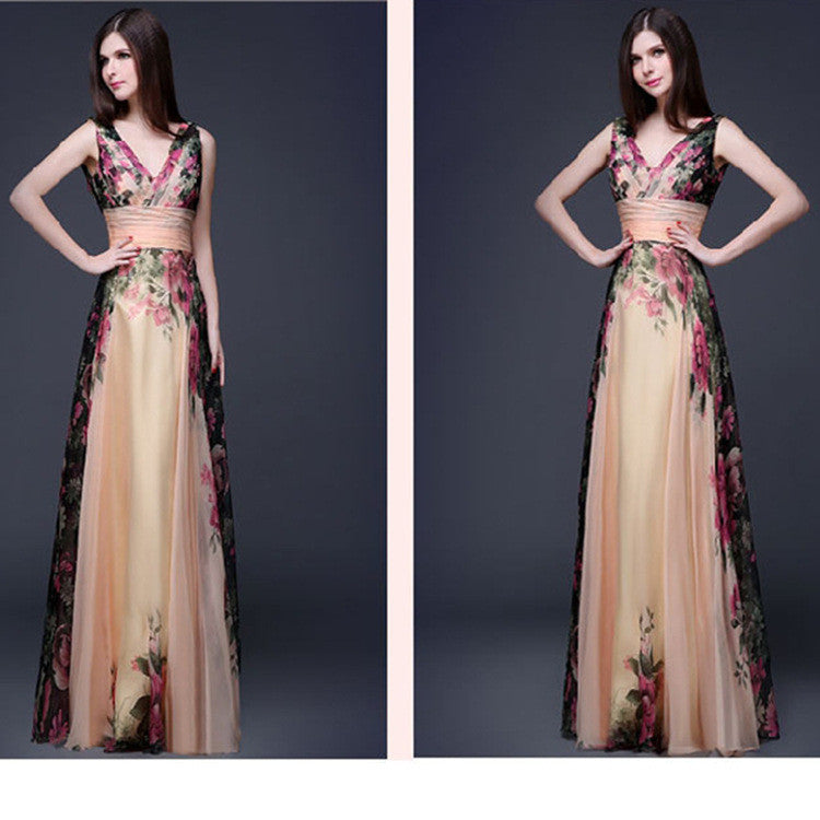 Elegant Flower Print Pleated Long Dress