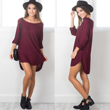 Scoop Loose Solid Long Sleeve Irregular Dress