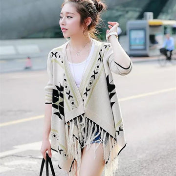 V-neck Pure Color Long Sleeves Geometry Print Cardigan