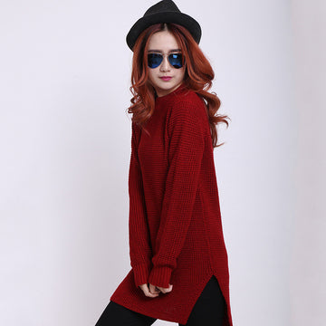 Scoop Ribbed Knit Solid Split Asymmetric Sweater