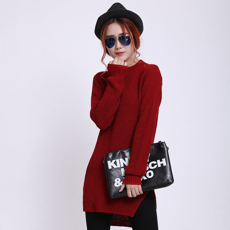 Scoop Ribbed Knit Solid Split Asymmetric Sweater