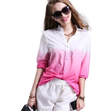 Deep V-neck Long Sleeves Gradually Changing Color Blouse - Meet Yours Fashion - 4
