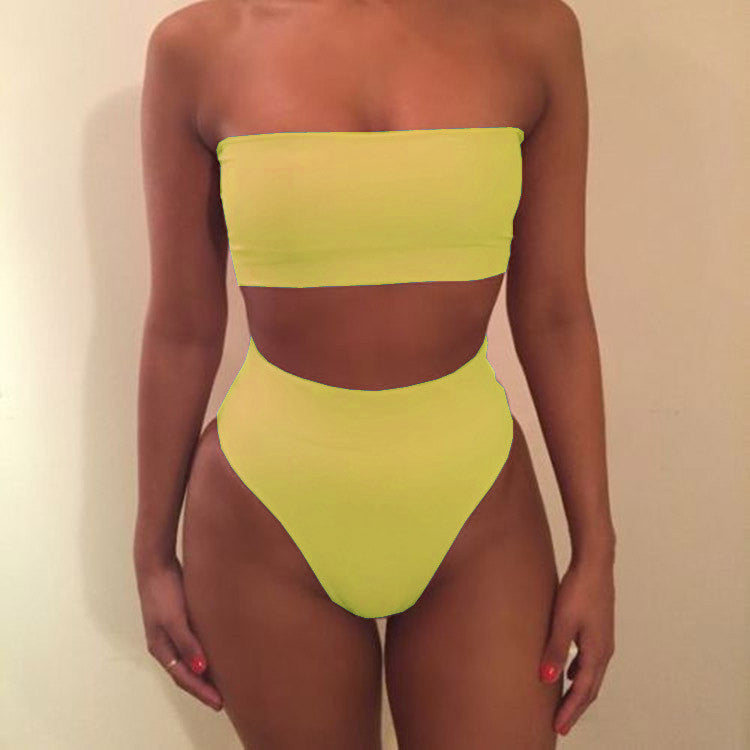 Pure Color Strapless High Waist Two Pieces Swimwear