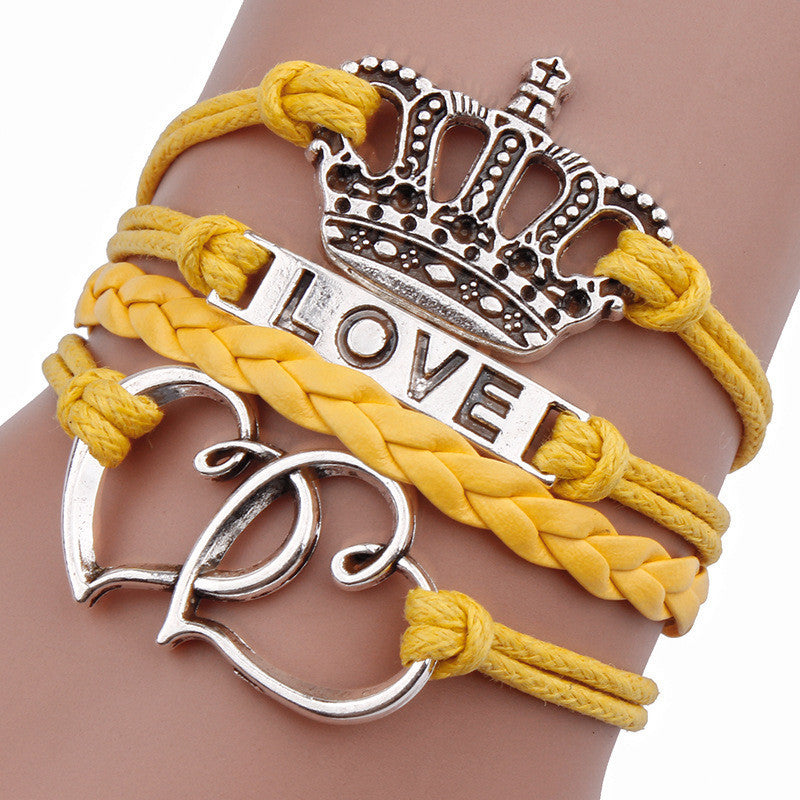 Double Heart Crown Love Leather Cord Bracelet