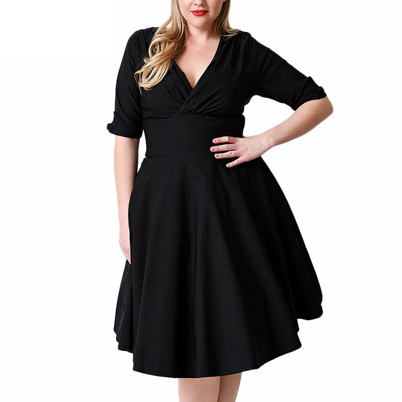 Plus Size Deep V Neck A-Line 1/2 Sleeve Elastic Knee-Length Dress