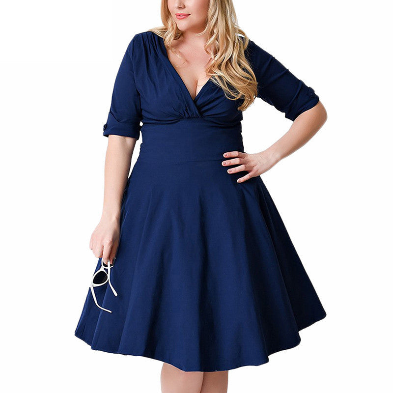 Plus Size Deep V Neck A-Line 1/2 Sleeve Elastic Knee-Length Dress