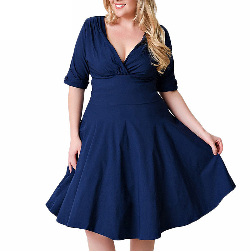 Plus Size Deep V Neck A-Line 1/2 Sleeve Elastic Knee-Length Dress