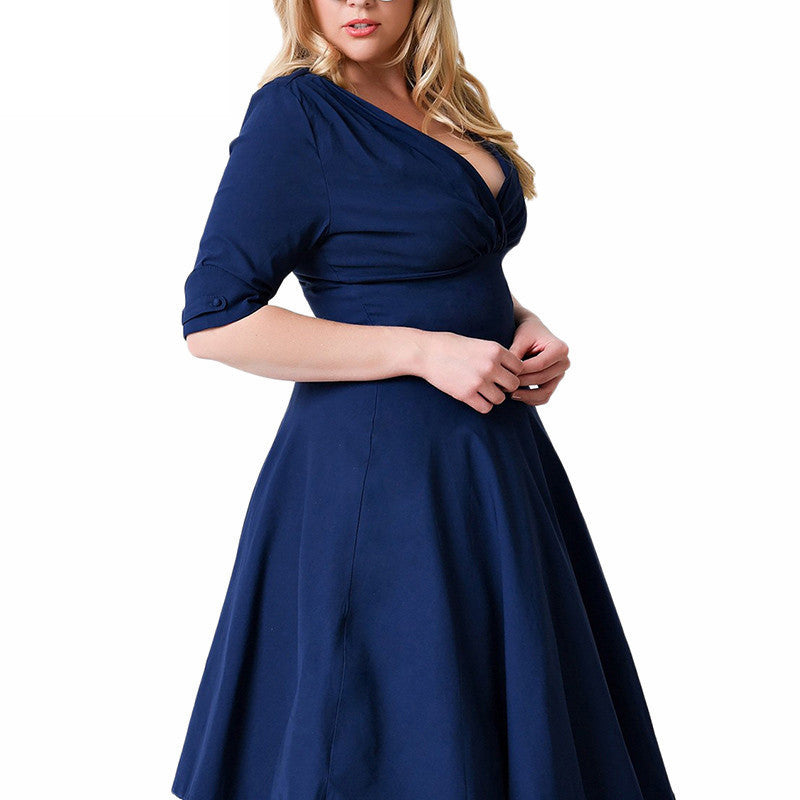 Plus Size Deep V Neck A-Line 1/2 Sleeve Elastic Knee-Length Dress